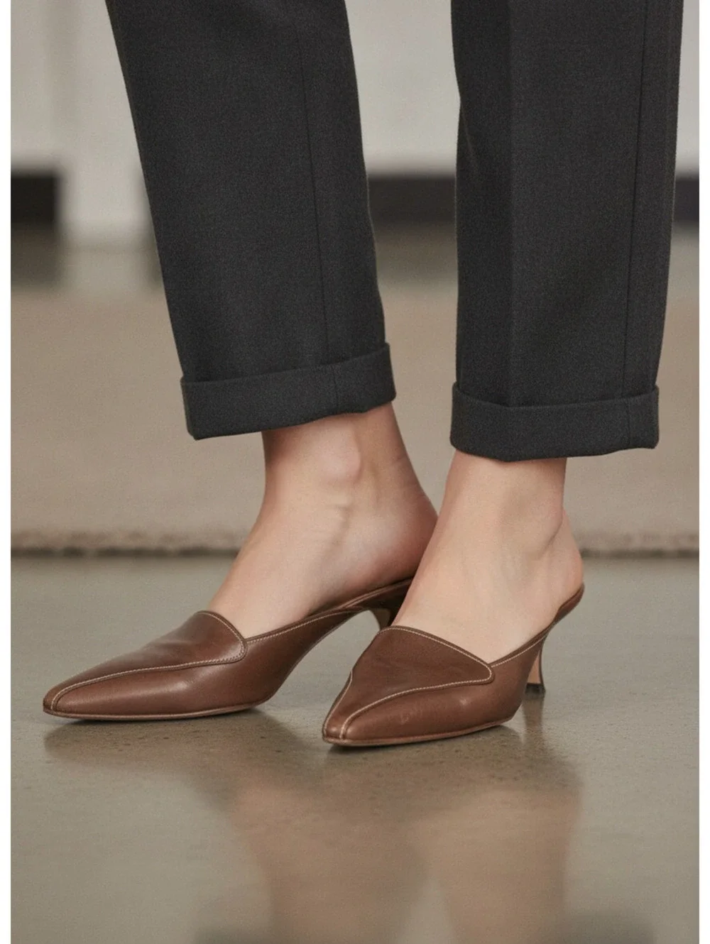 90s Vintage Manolo Blahnik Leather Stitched Pointed Mules | Size 7 US / 37.5 EU